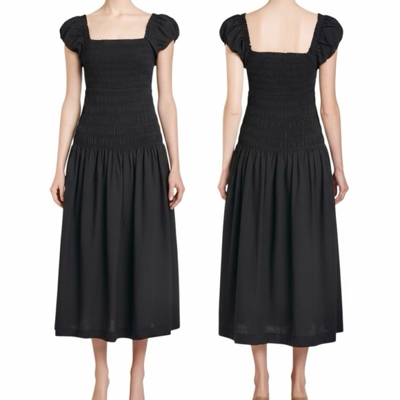 Caroline Constas Women’s Cotton Shirred Bodice Short Puff Sleeve Midi Dress NEW - Picture 13 of 16